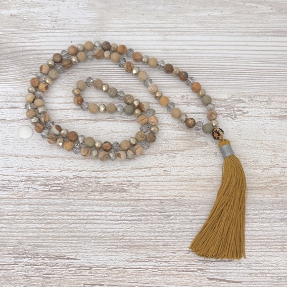 Handmade Beaded Necklace with Mustard Tassel - Picture 5 of 7
